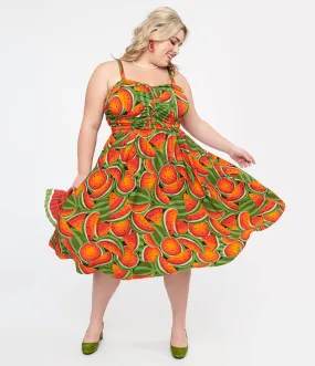 Plus Size 1950s Watermelon Print Fit and Flare Dress in Red and Green