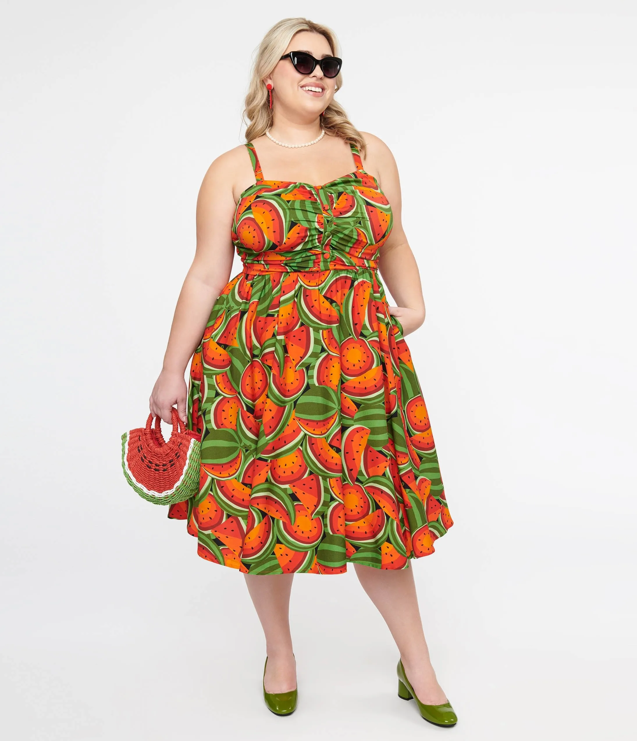 Plus Size 1950s Watermelon Print Fit and Flare Dress in Red and Green