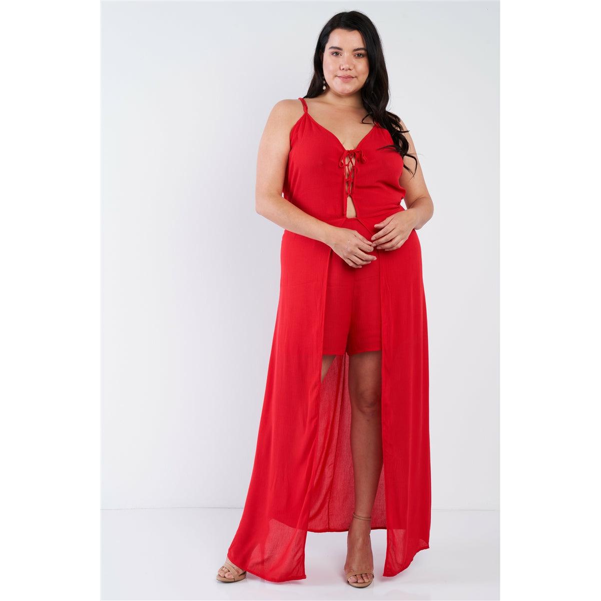 Plus size red lace up maxi romper dress sleeveless