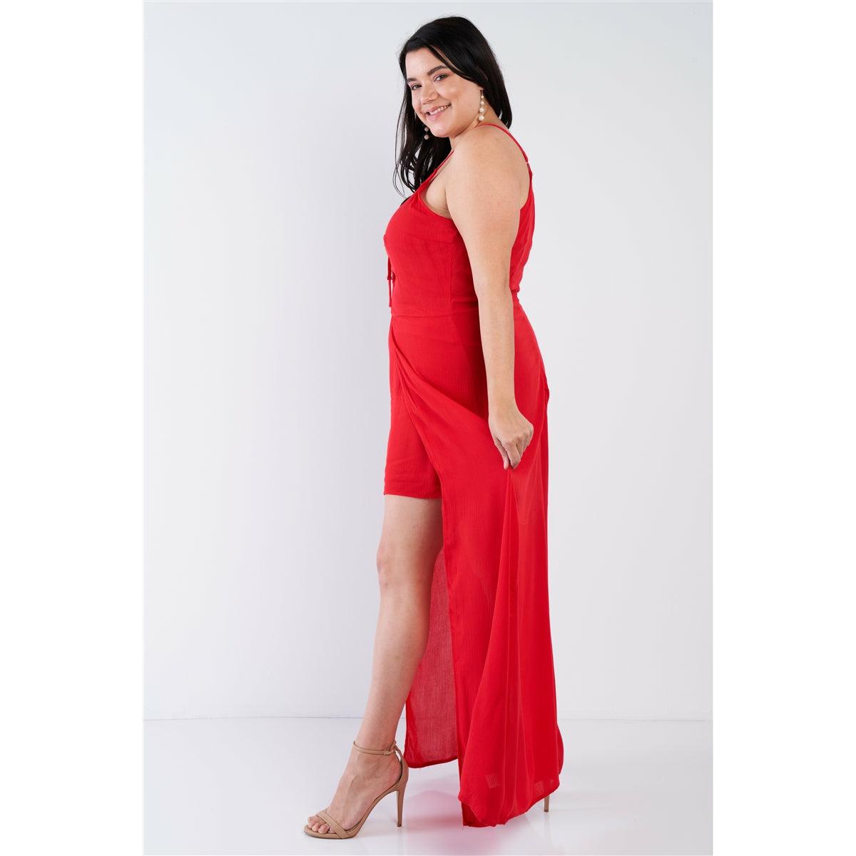 Plus size red lace up maxi romper dress sleeveless