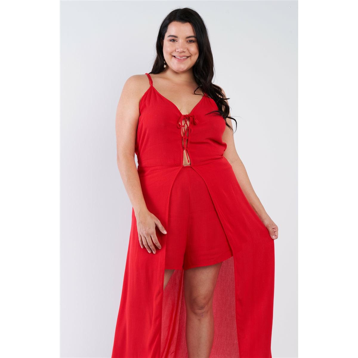 Plus size red lace up maxi romper dress sleeveless