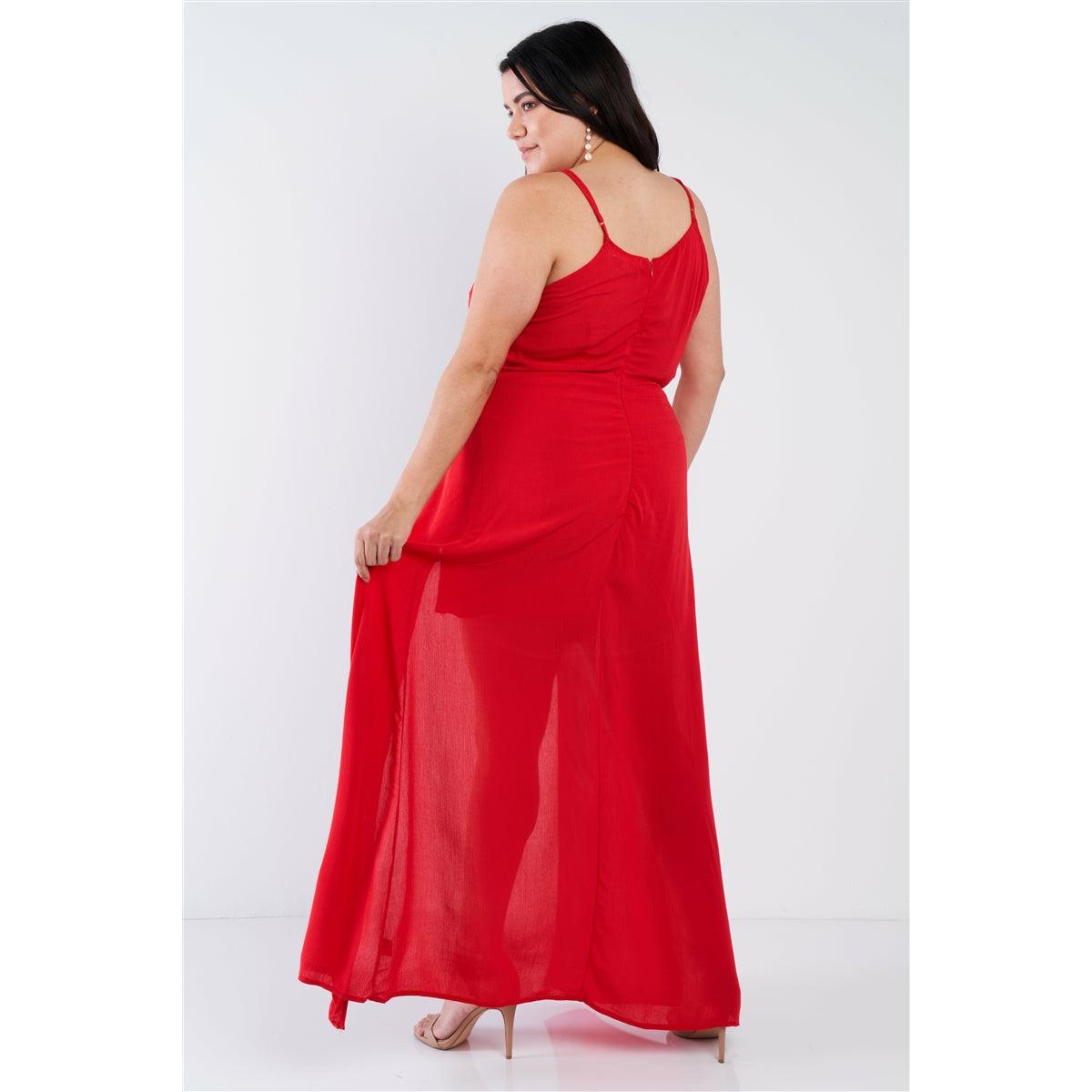 Plus size red lace up maxi romper dress sleeveless