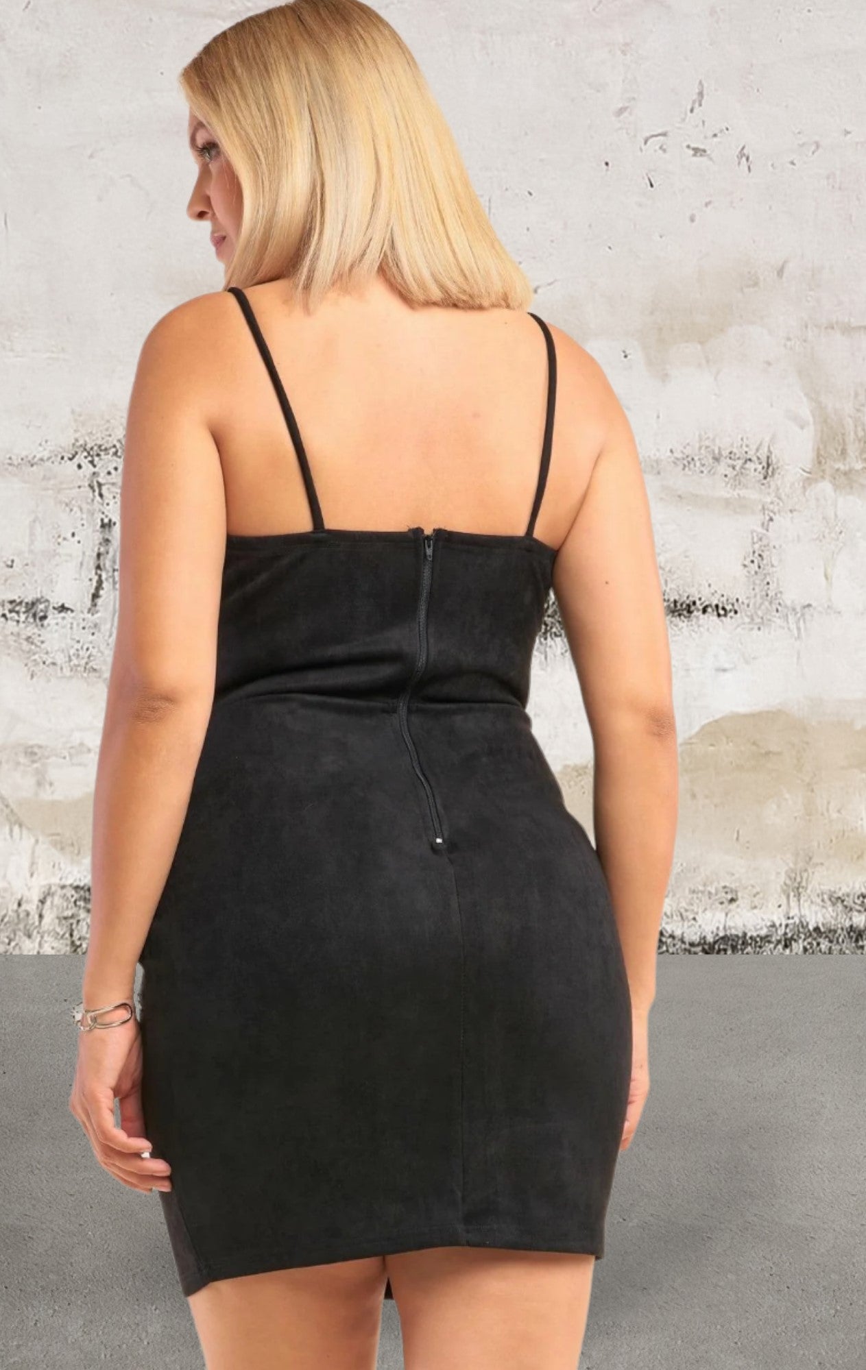 Plus size tight fit suede dress with square neckline.