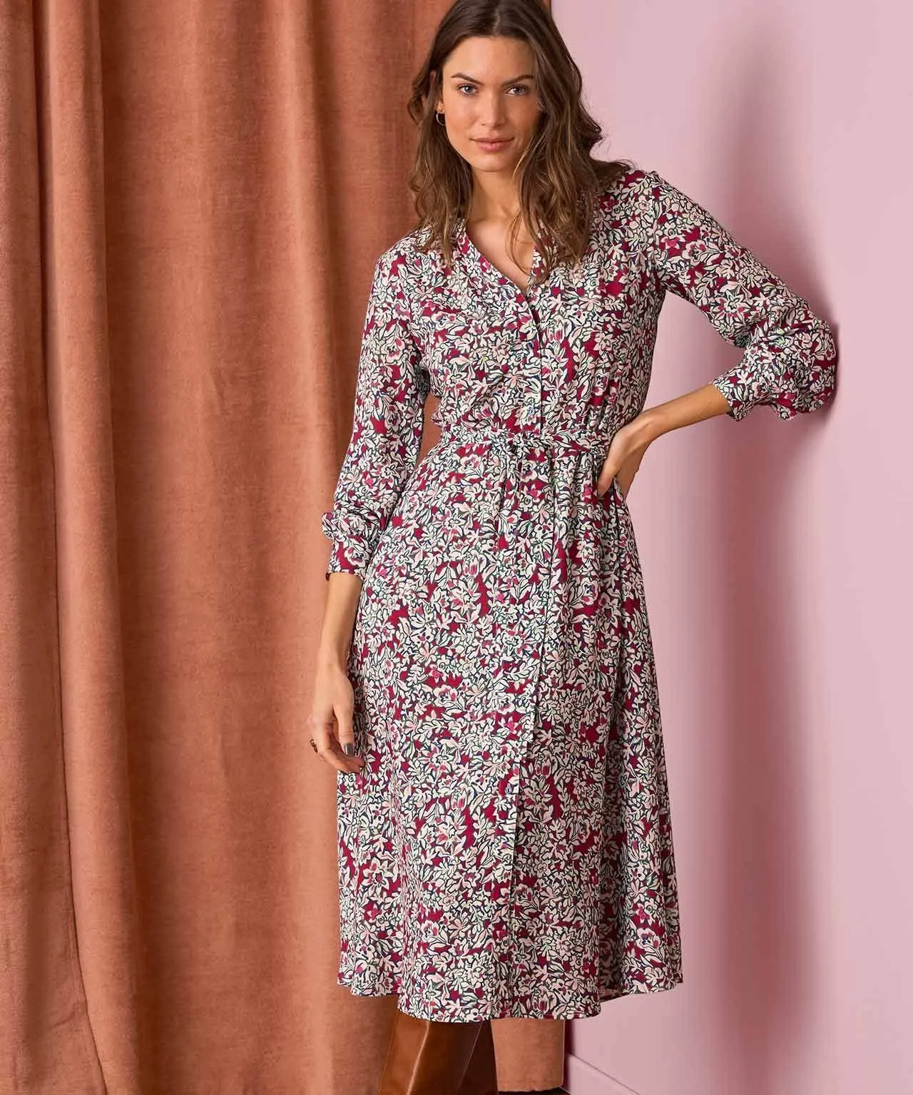 Button-front Flared Printed Dress