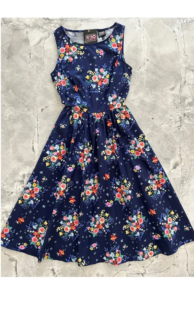 Floral Caterpillar Print Retro Midi Dress - Available in 2XL and 3XL sizes.