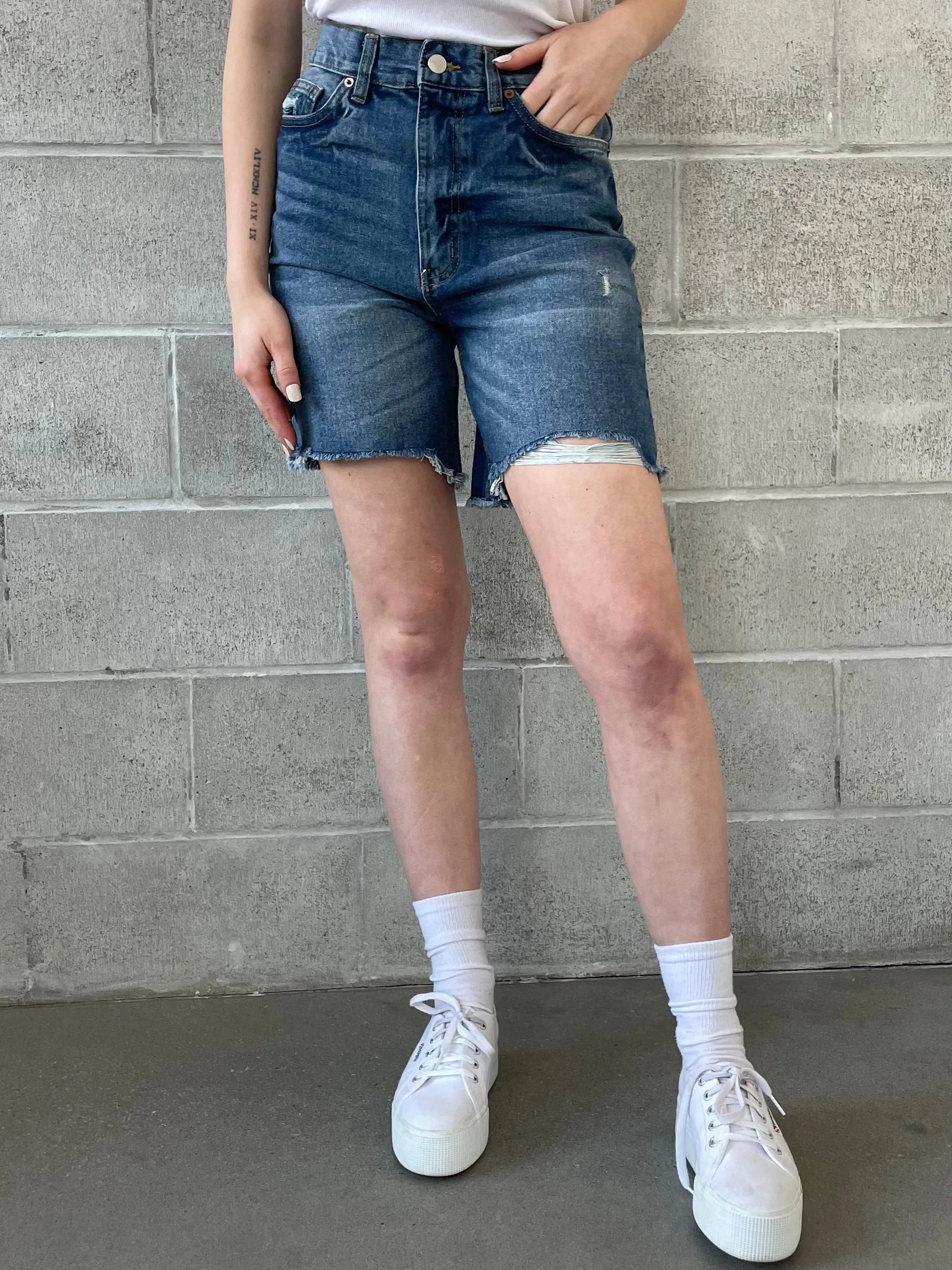 RD Style Distressed Denim Mid Thigh Shorts - Reused