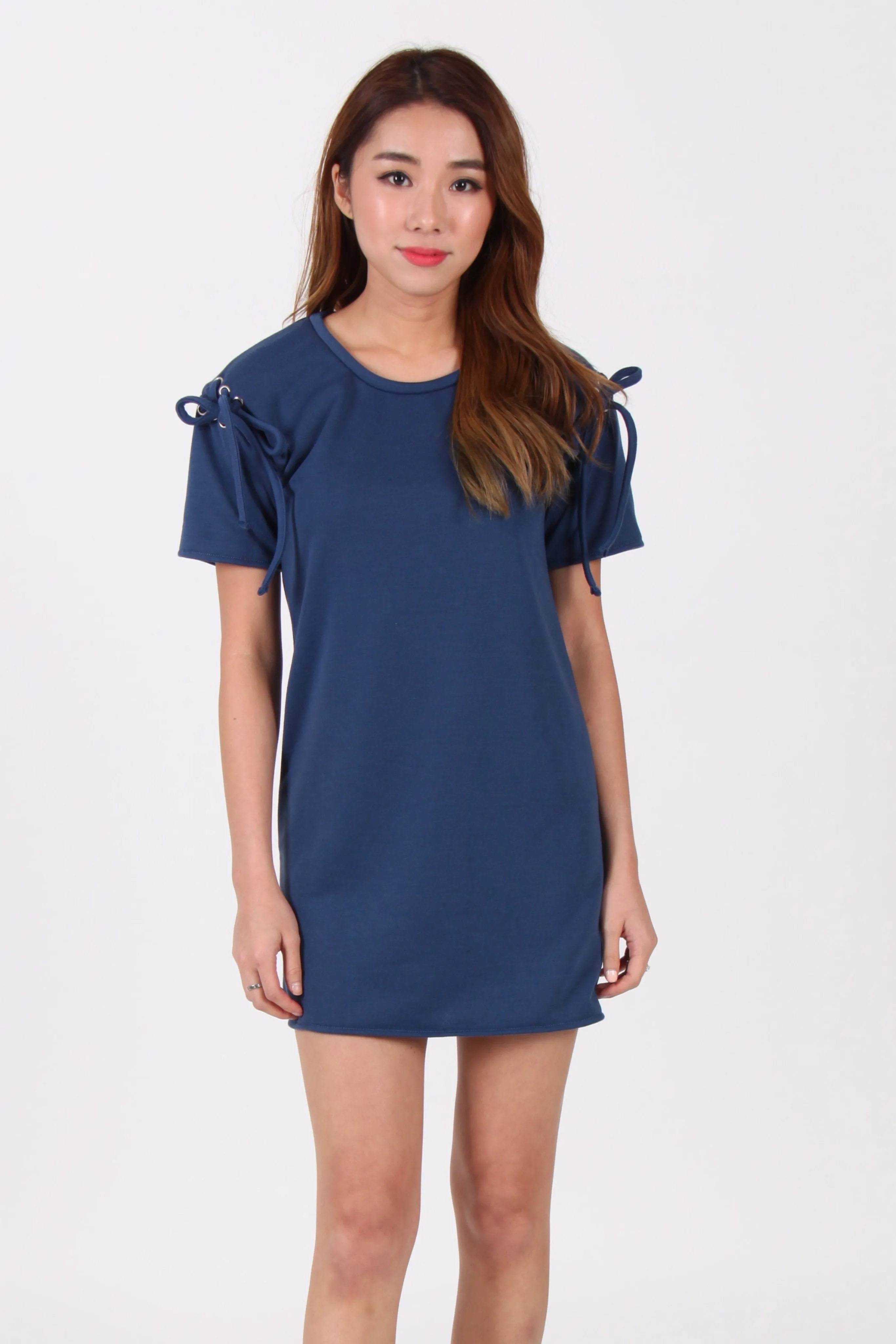 Ribbon Sleeves Tee Dress in Teal Blue