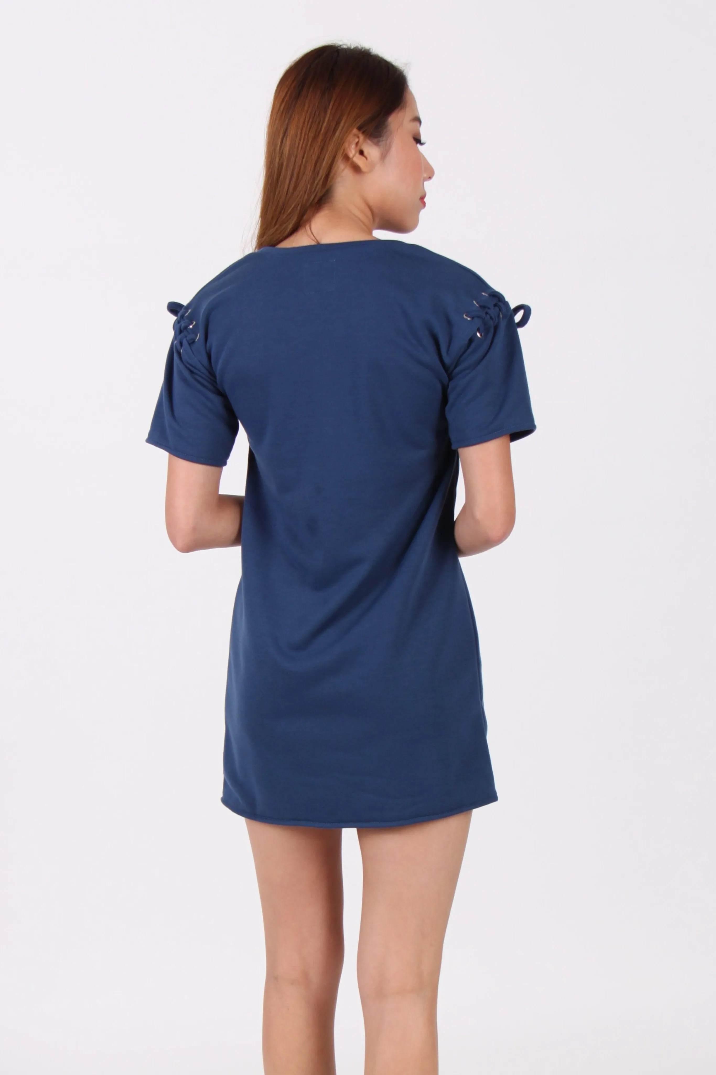 Ribbon Sleeves Tee Dress in Teal Blue