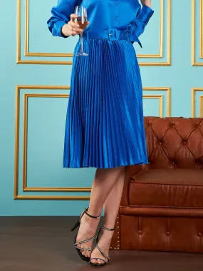 Royal Blue Satin Pleated Midi Skirt for Women