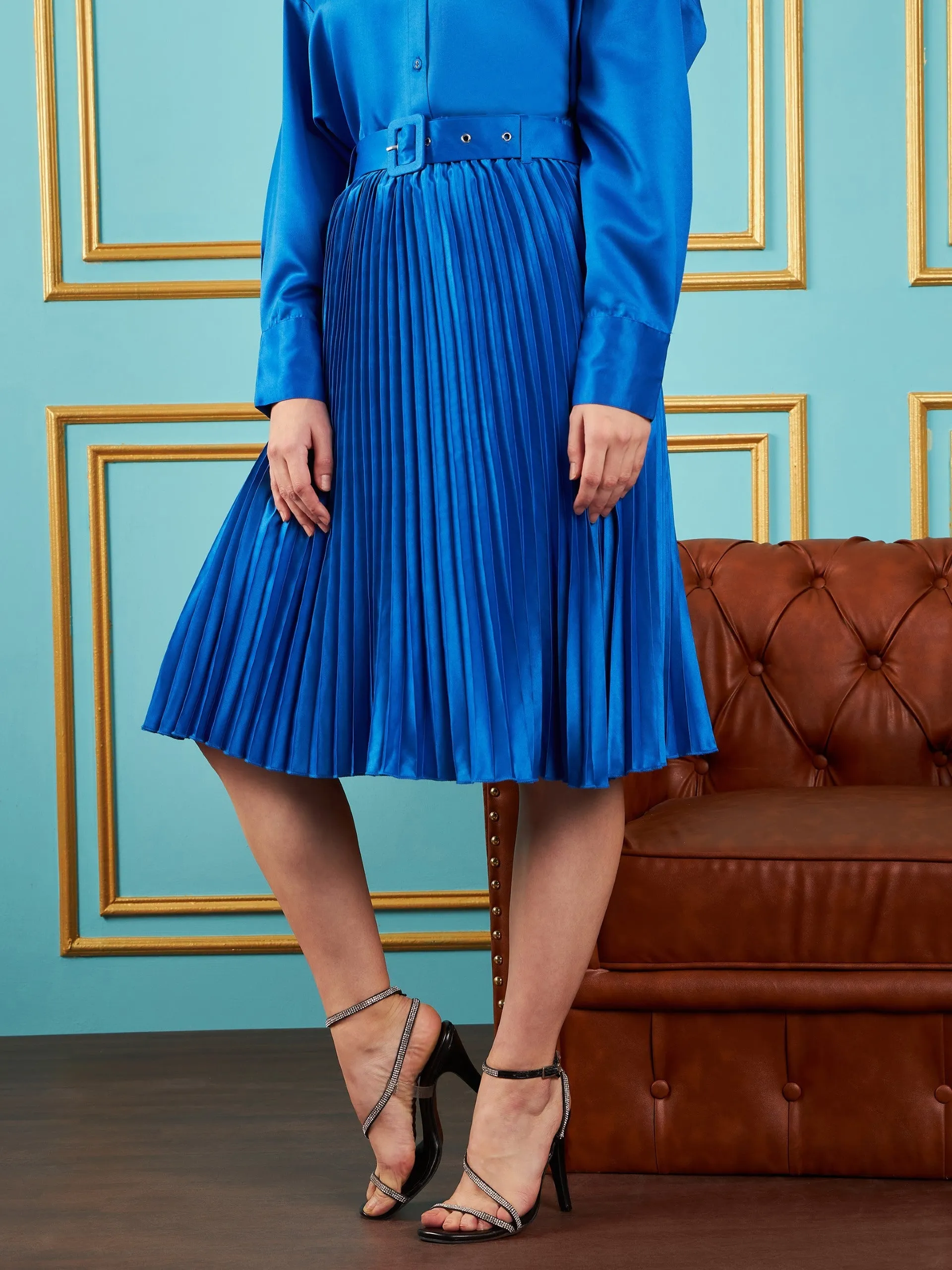 Royal Blue Satin Pleated Midi Skirt for Women