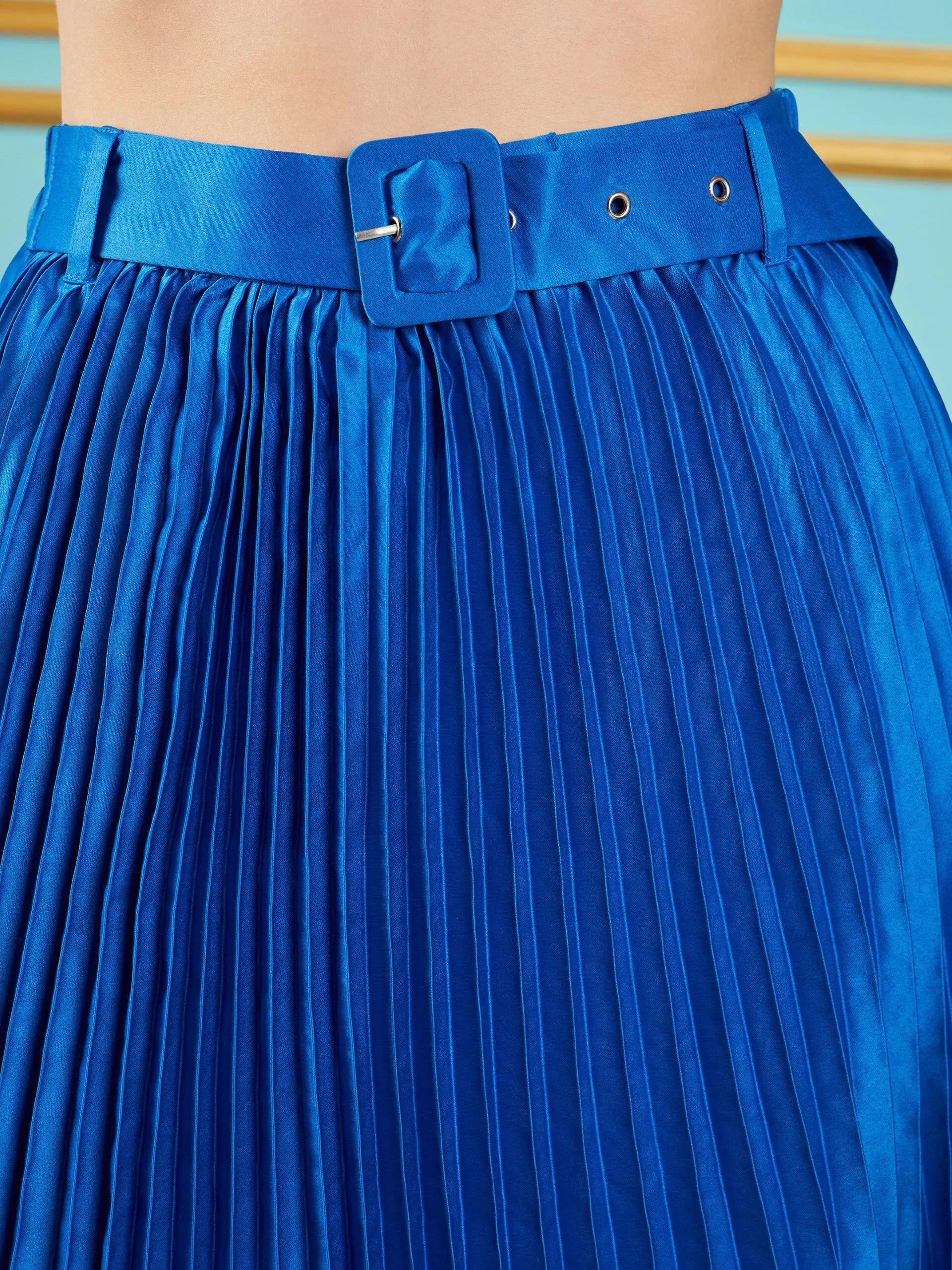 Royal Blue Satin Pleated Midi Skirt for Women