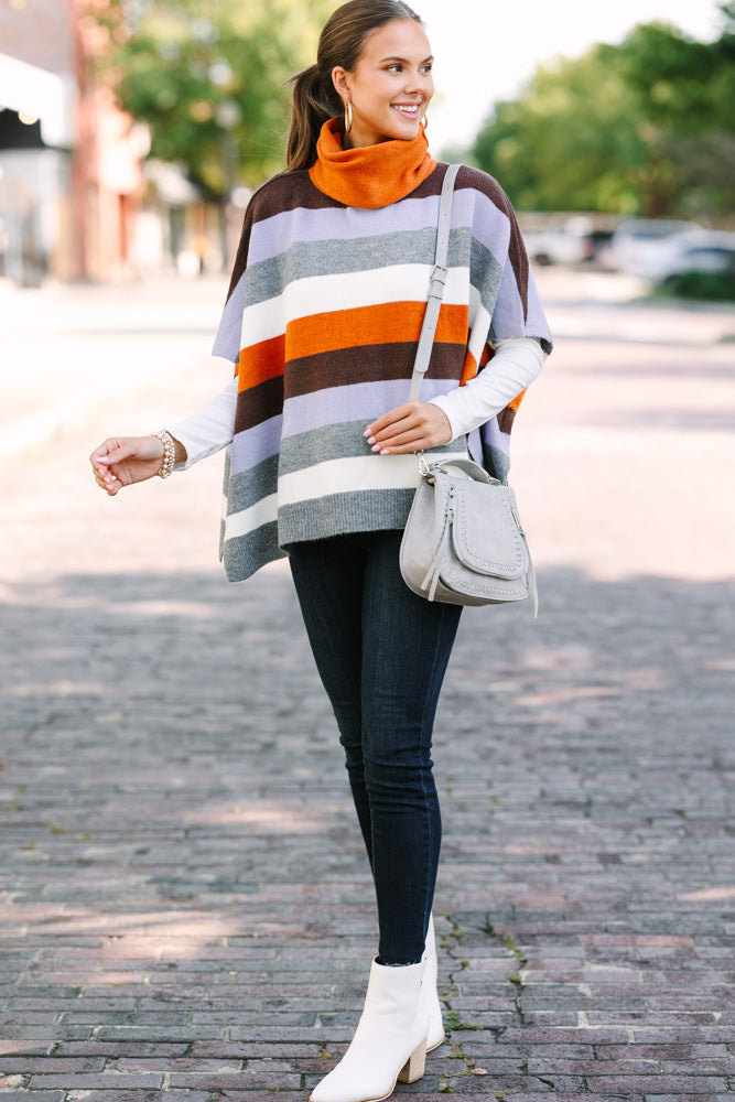 Rust Orange Striped Poncho - Get Along For The Ride in Style