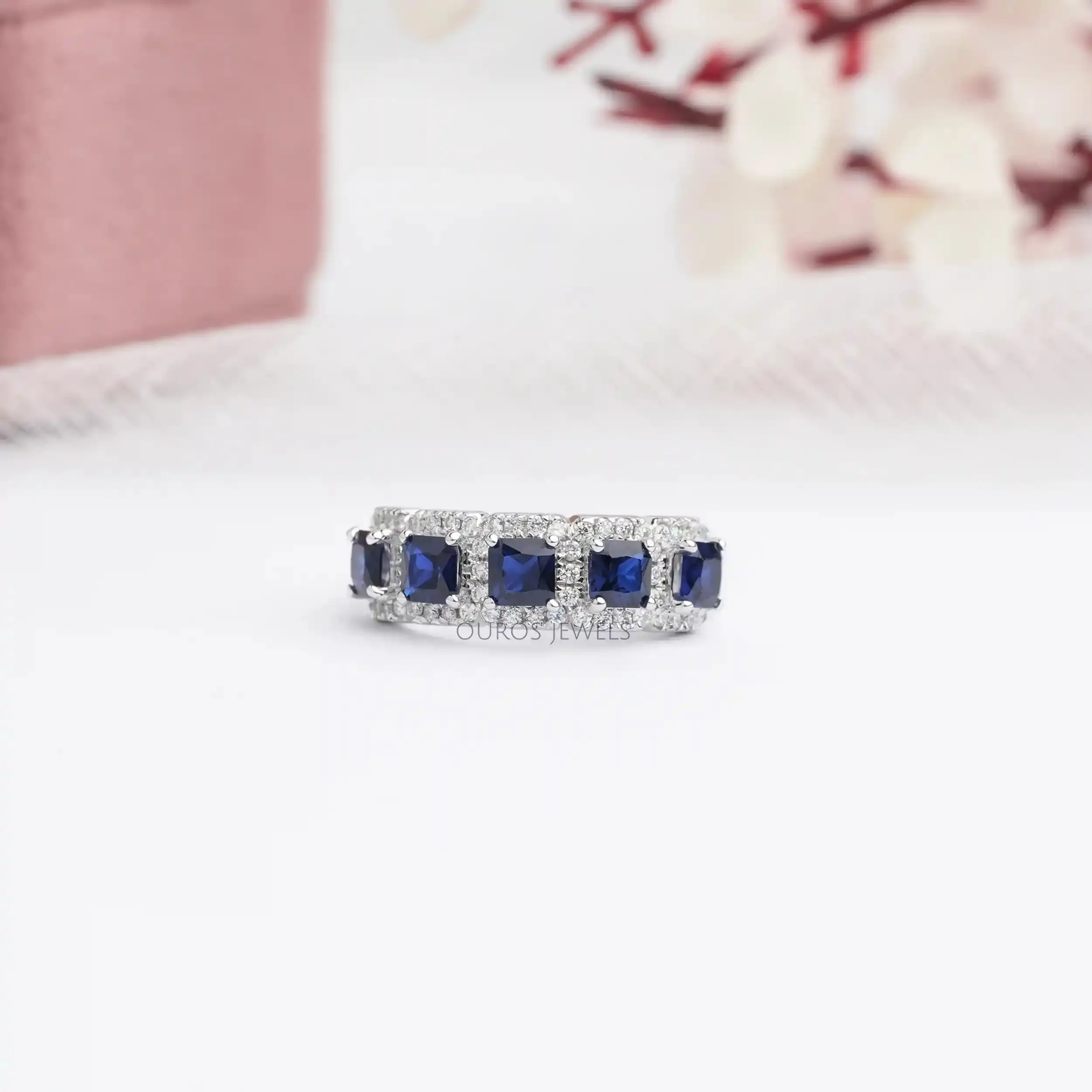 Blue Asscher Cut Diamond Halo Five Stone Ring with Semi-Precious Gemstones