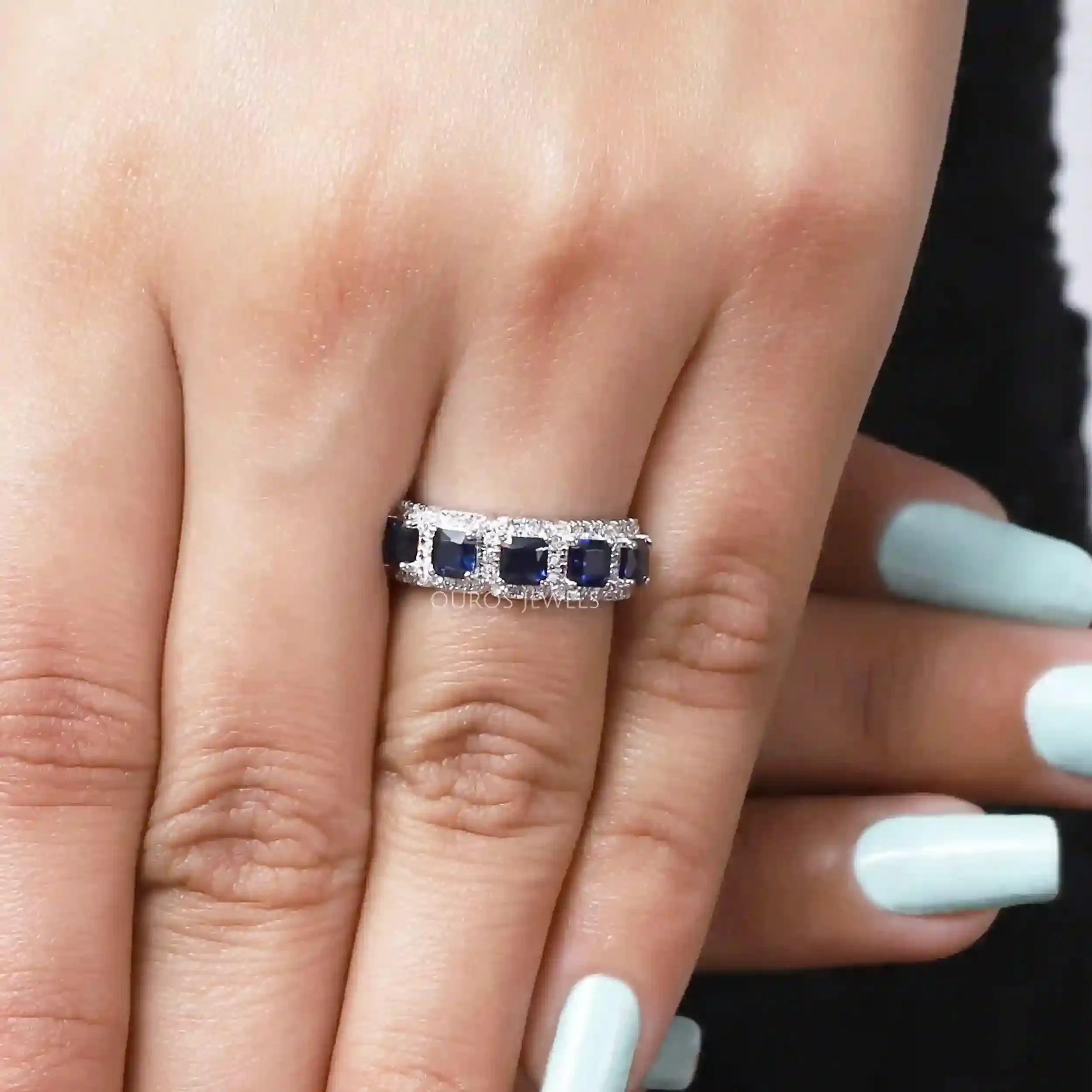 Blue Asscher Cut Diamond Halo Five Stone Ring with Semi-Precious Gemstones