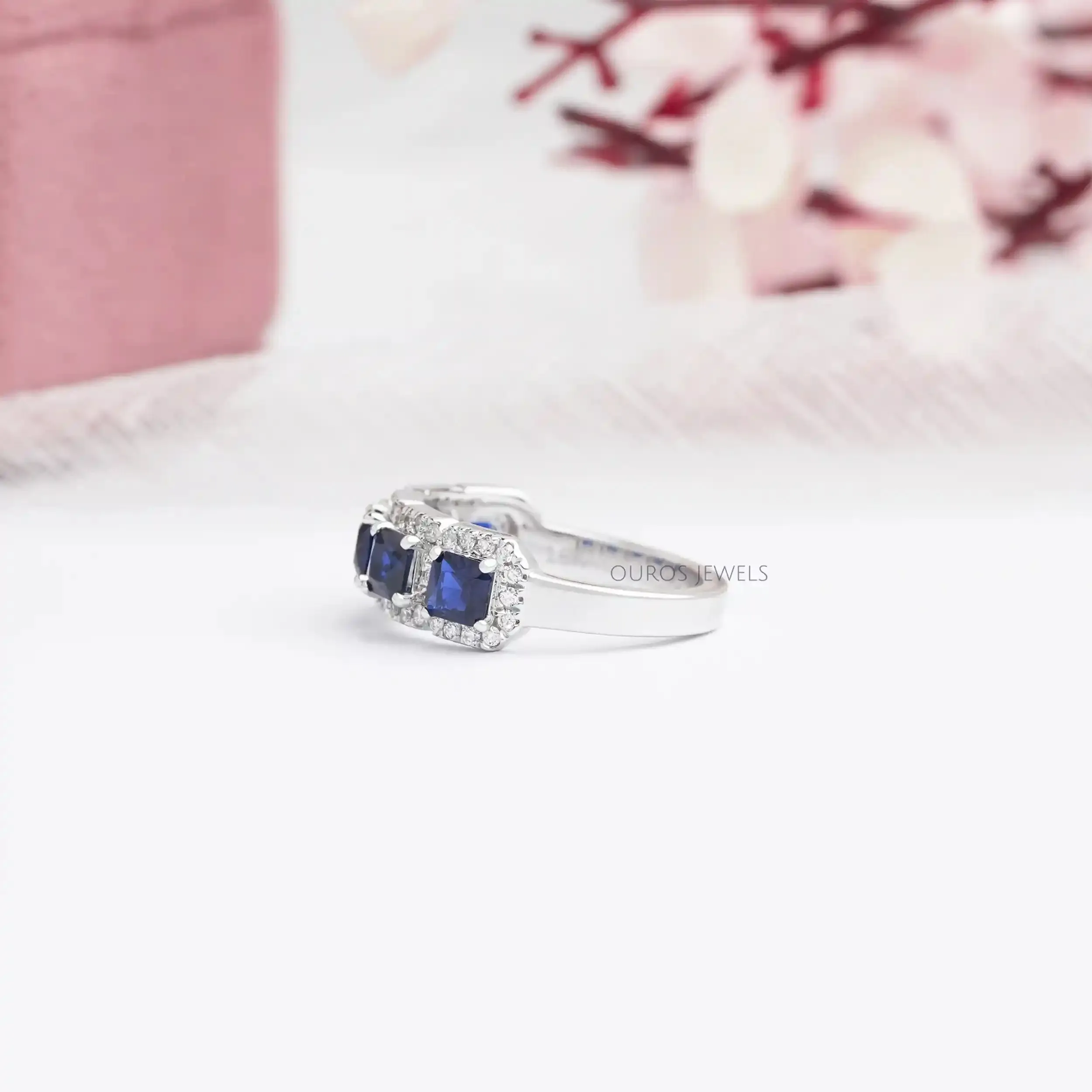 Blue Asscher Cut Diamond Halo Five Stone Ring with Semi-Precious Gemstones