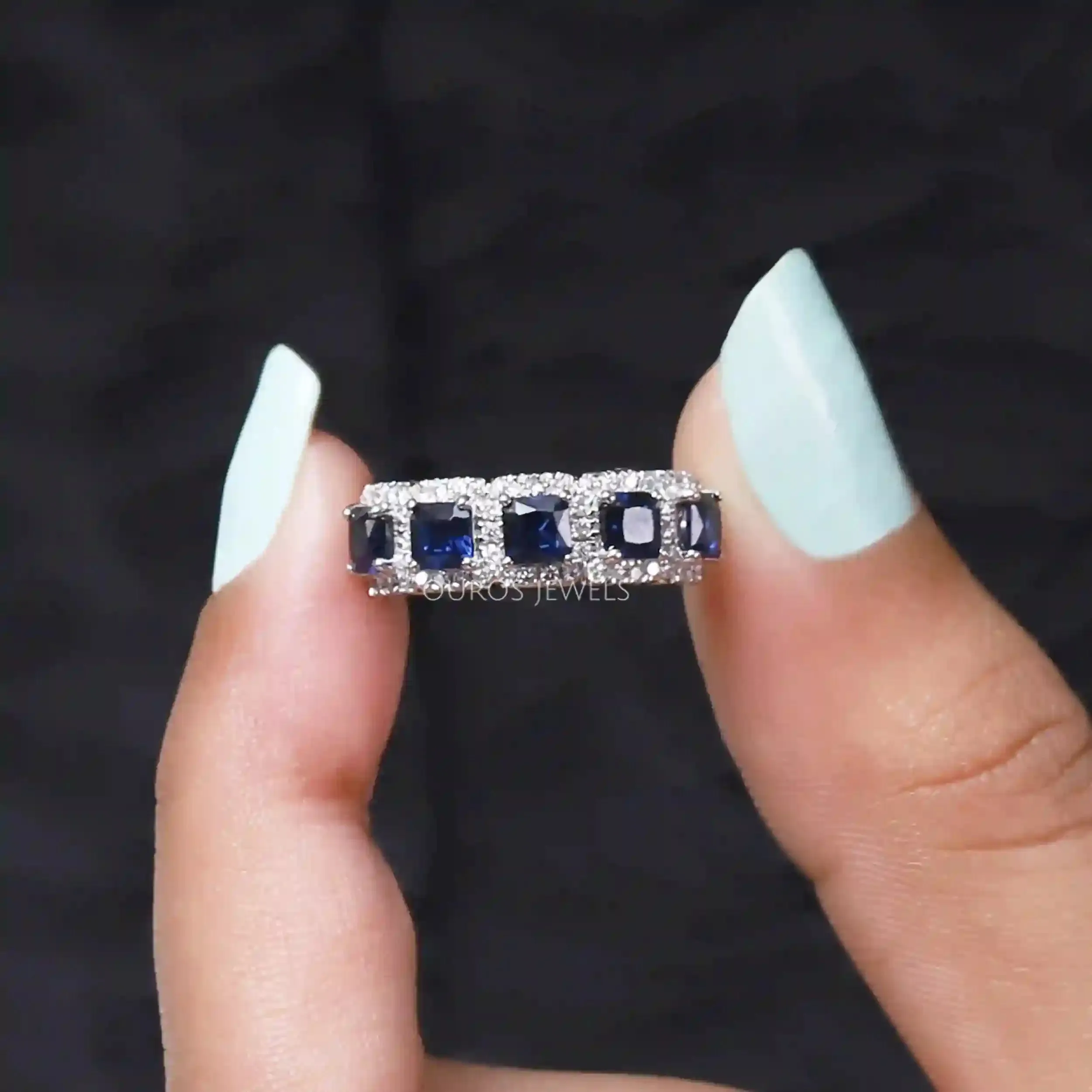 Blue Asscher Cut Diamond Halo Five Stone Ring with Semi-Precious Gemstones