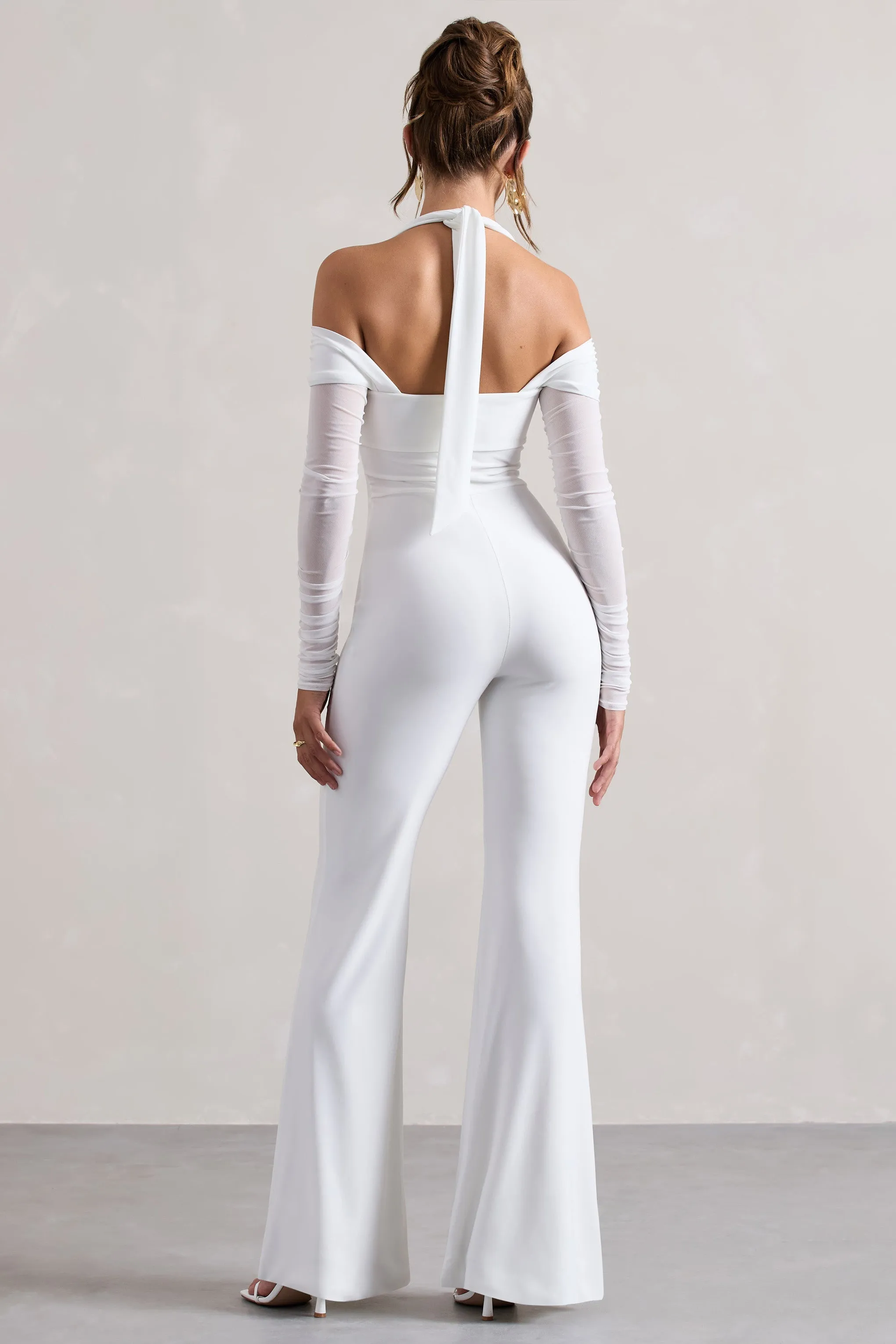 Shannon | White Halter Neck Jumpsuit with Ruched Detailing and Flared Legs