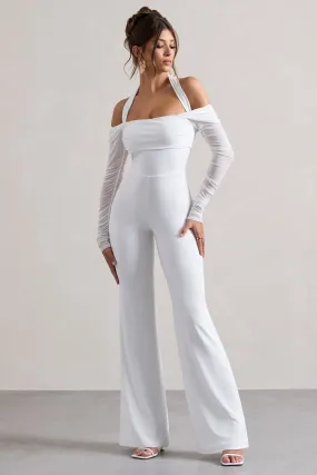 Shannon | White Halter Neck Jumpsuit with Ruched Detailing and Flared Legs