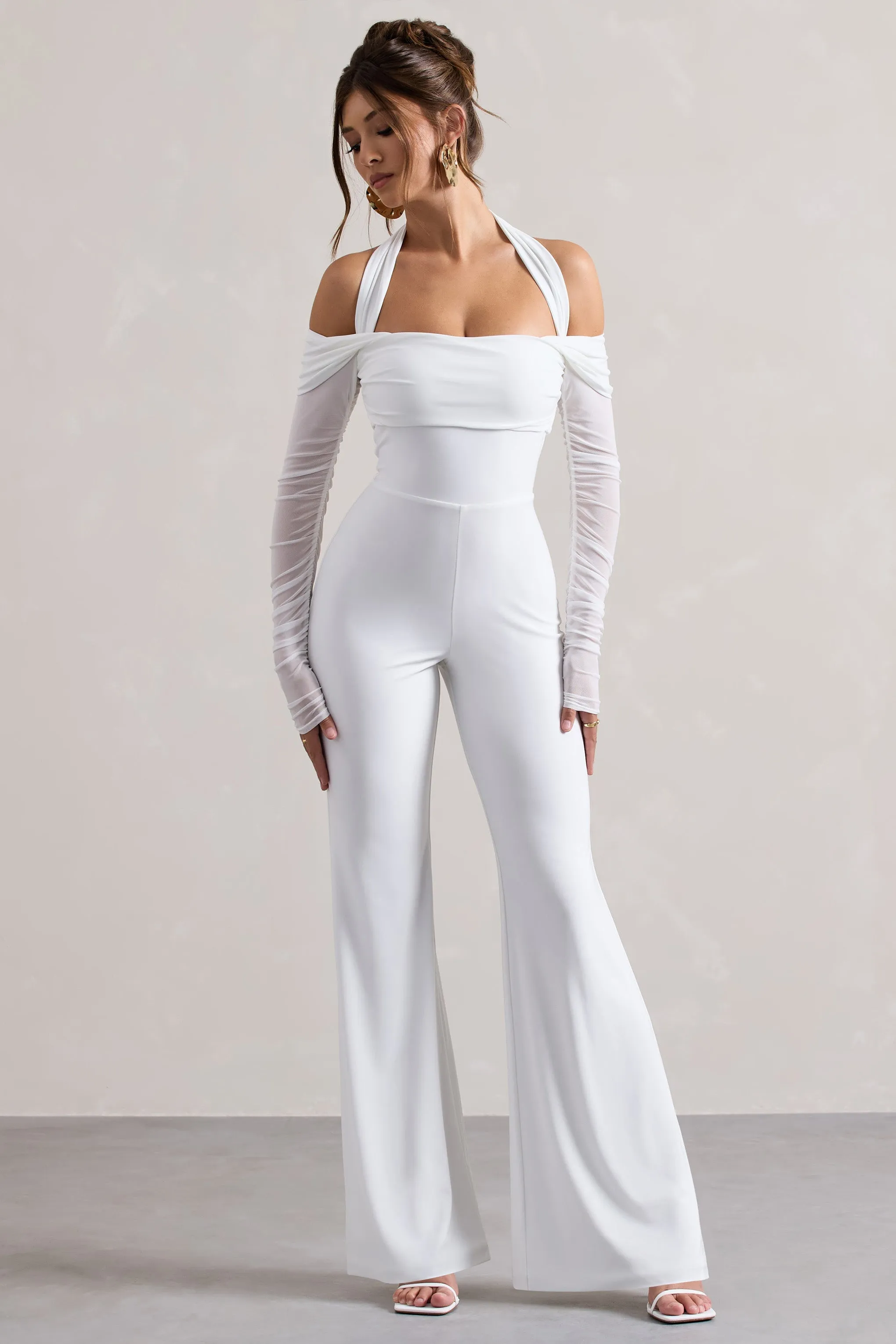 Shannon | White Halter Neck Jumpsuit with Ruched Detailing and Flared Legs