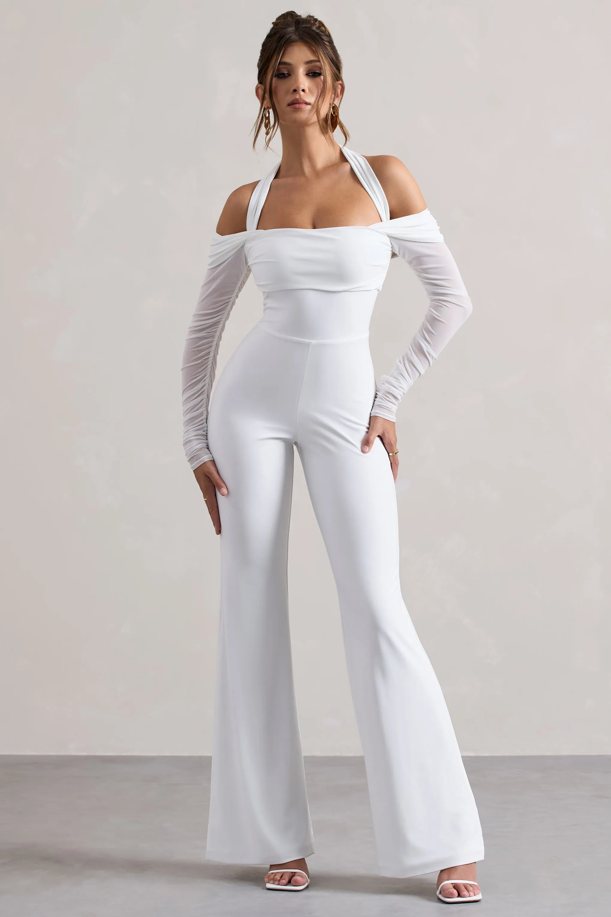 Shannon | White Halter Neck Jumpsuit with Ruched Detailing and Flared Legs