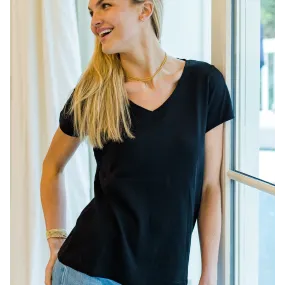 Black Slub Short Sleeve V-neck Top