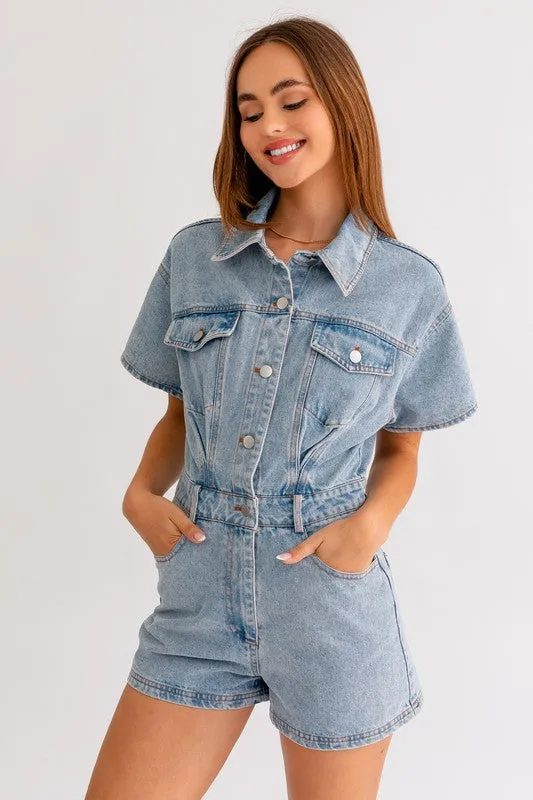 Denim Romper with Short Sleeves