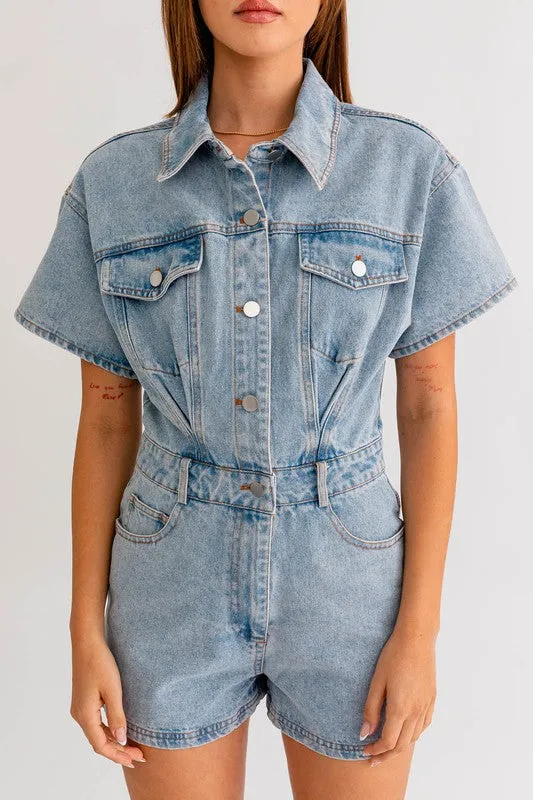 Denim Romper with Short Sleeves