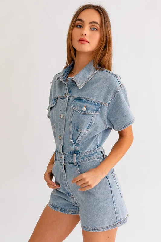 Denim Romper with Short Sleeves