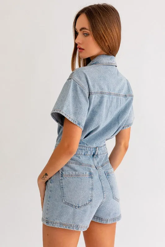 Denim Romper with Short Sleeves