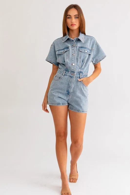 Denim Romper with Short Sleeves