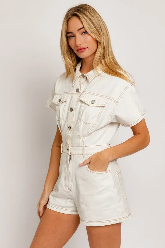 Denim Romper with Short Sleeves