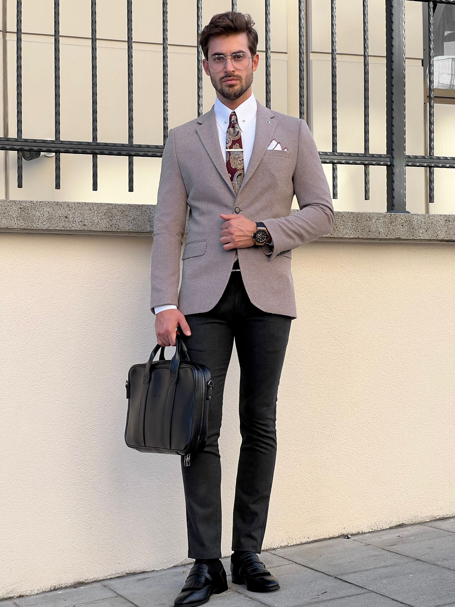 Slim Fit Beige Blazer with Mono Collar