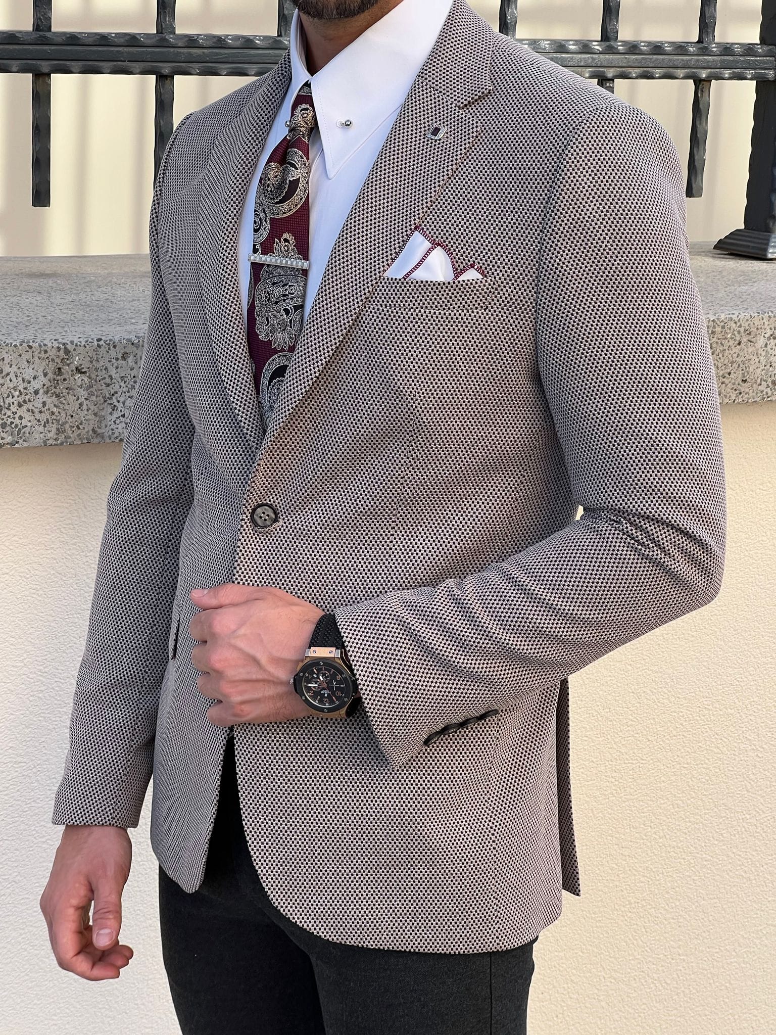 Slim Fit Beige Blazer with Mono Collar