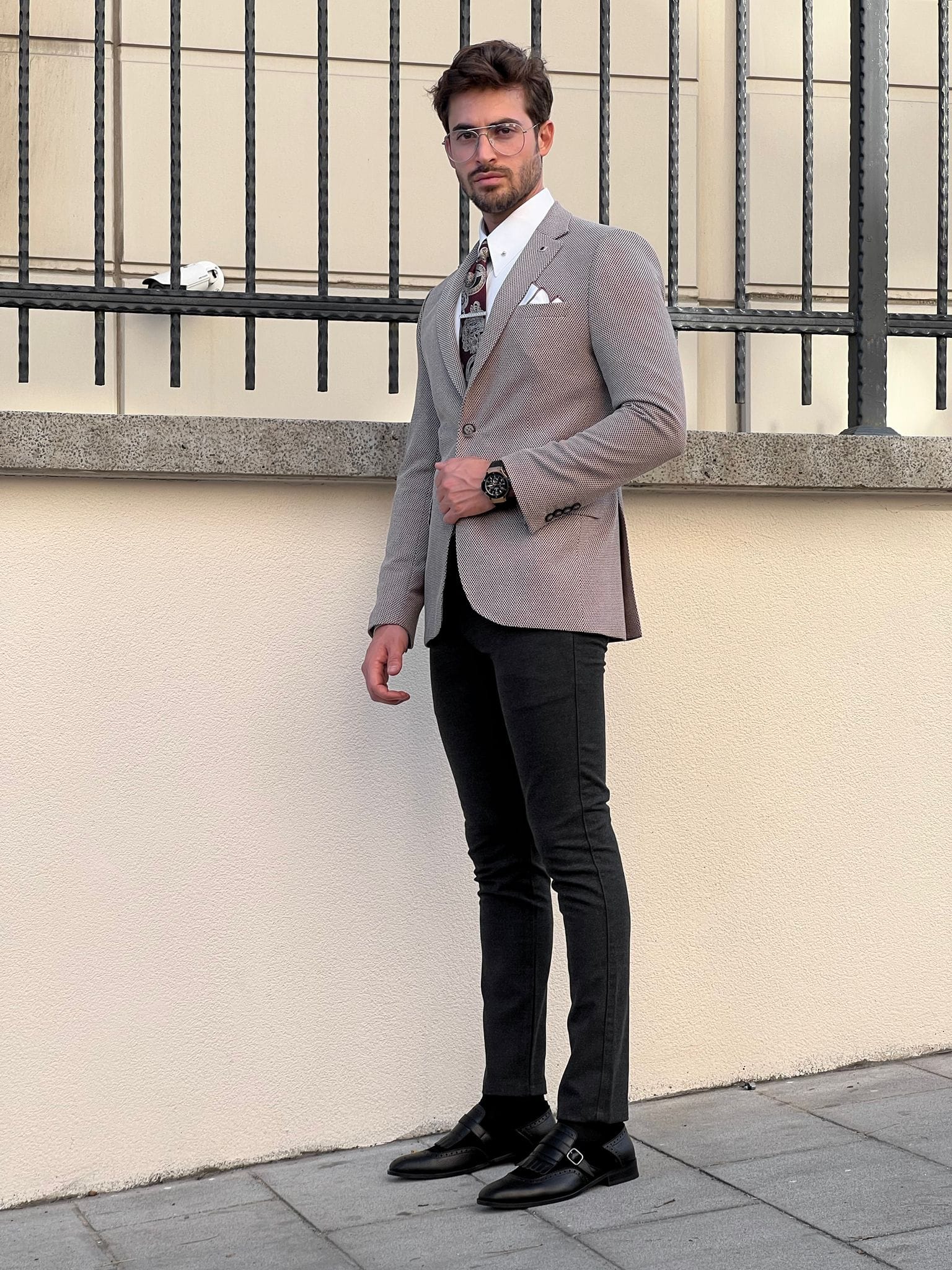 Slim Fit Beige Blazer with Mono Collar