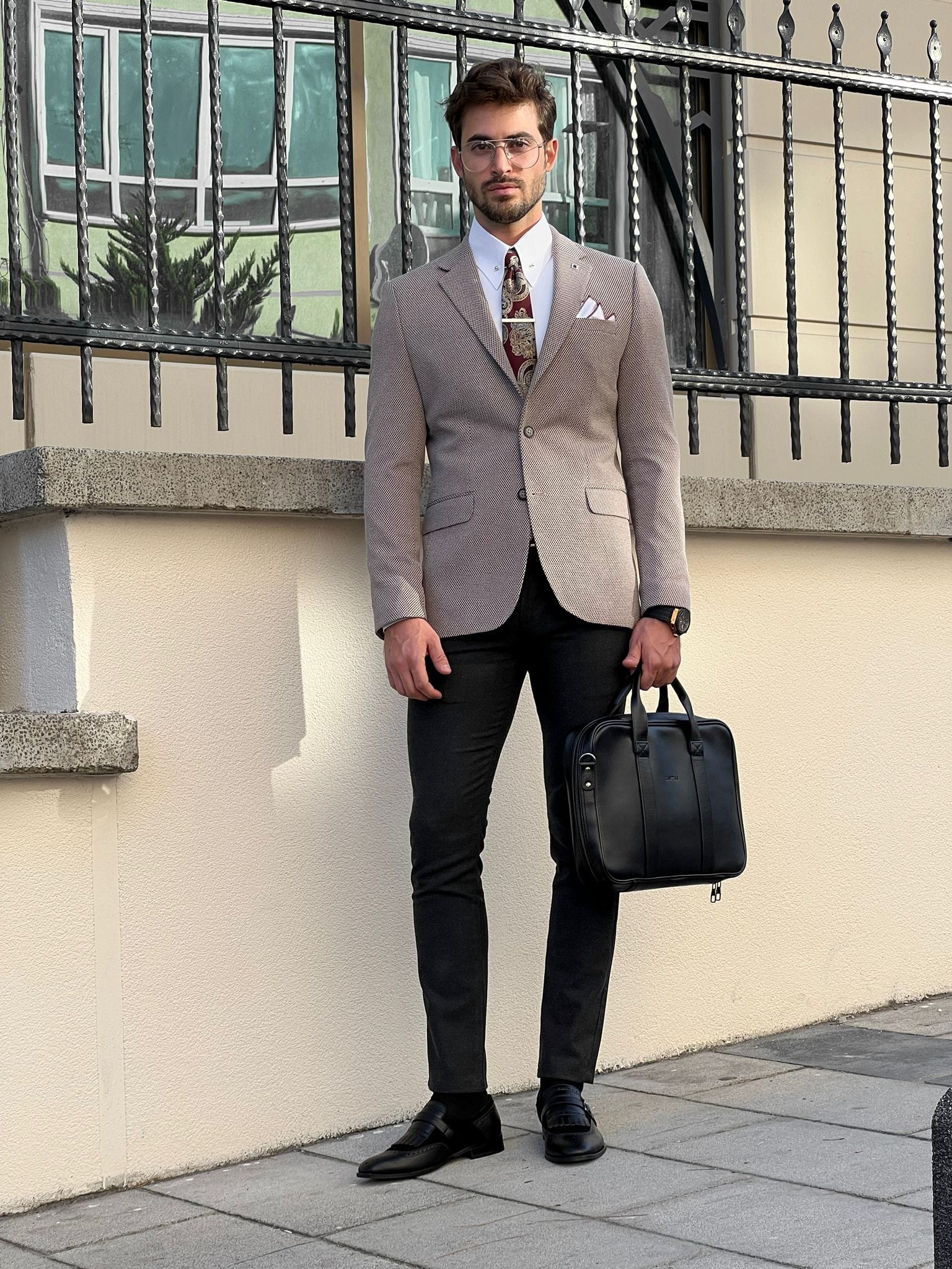 Slim Fit Beige Blazer with Mono Collar