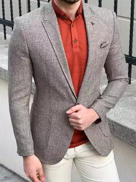 Slim Fit Brown Knitted Textured Blazer