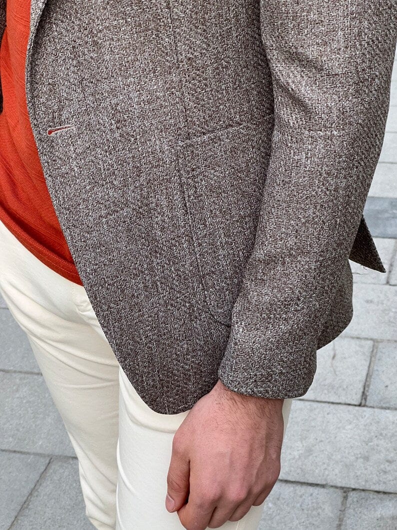 Slim Fit Brown Knitted Textured Blazer