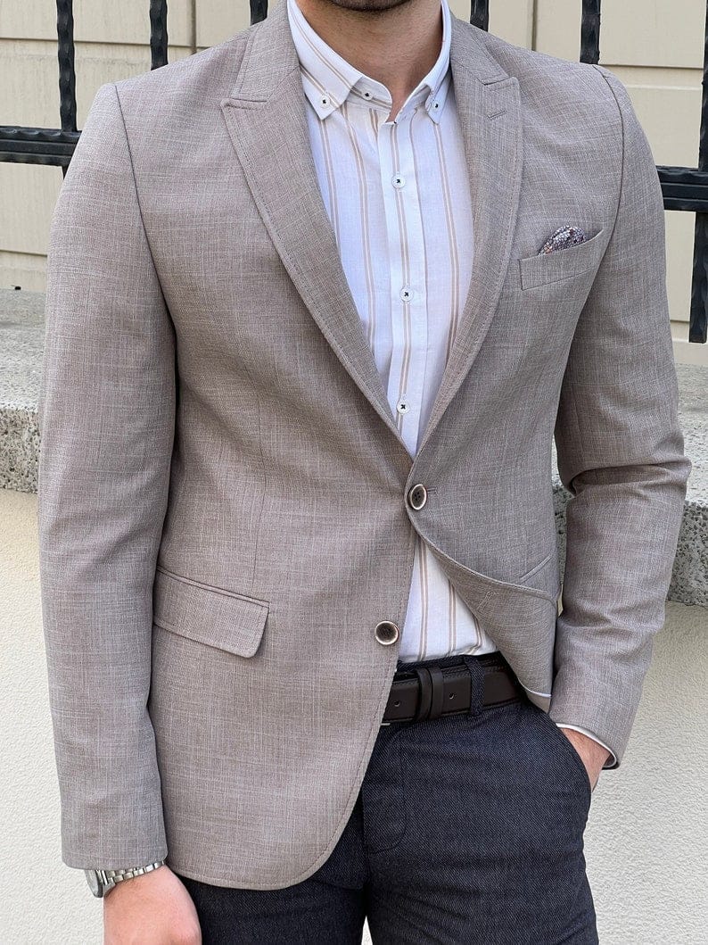 Slim Fit Light Brown Men's Blazer - Knitted Textured