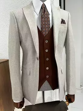 Slim Fit Pointed Collar Beige Vest Suit