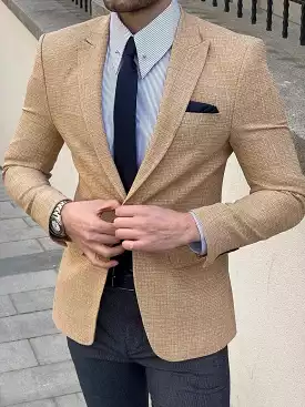 Slim Fit Textured Yellow Men's Blazer