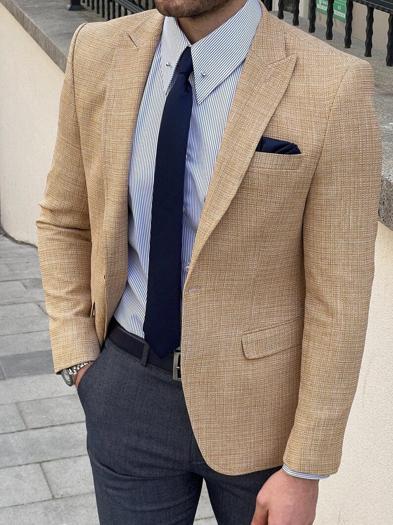 Slim Fit Textured Yellow Men's Blazer