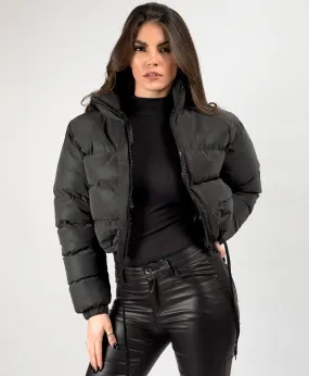 Stay cozy with the Black Reflective Padded Cropped Puffer Jacket