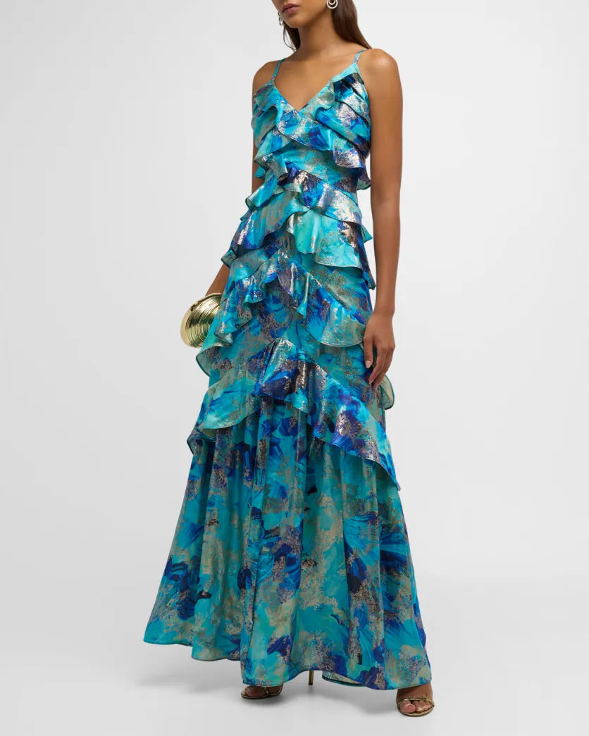 Tiered Metallic Jacquard Gown - Harlen Ruffle