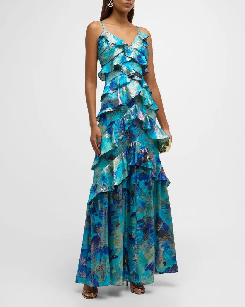 Tiered Metallic Jacquard Gown - Harlen Ruffle