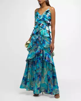 Tiered Metallic Jacquard Gown - Harlen Ruffle