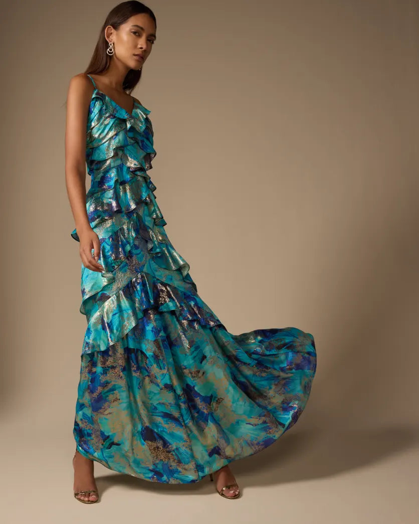 Tiered Metallic Jacquard Gown - Harlen Ruffle