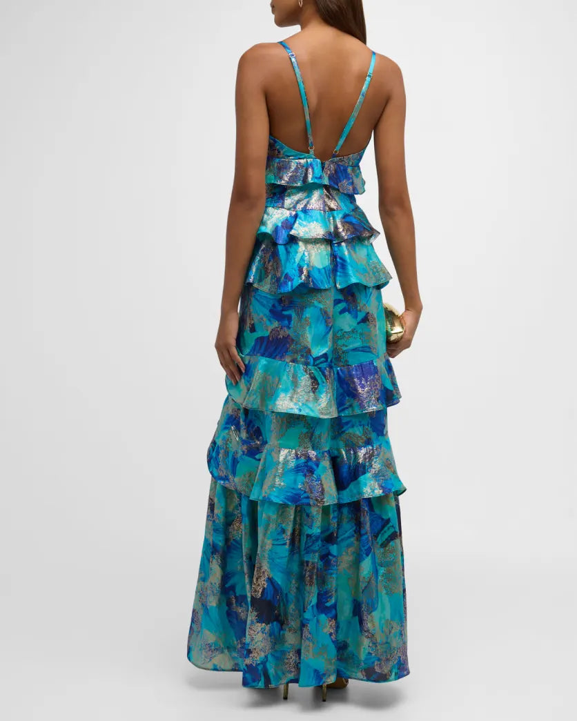 Tiered Metallic Jacquard Gown - Harlen Ruffle