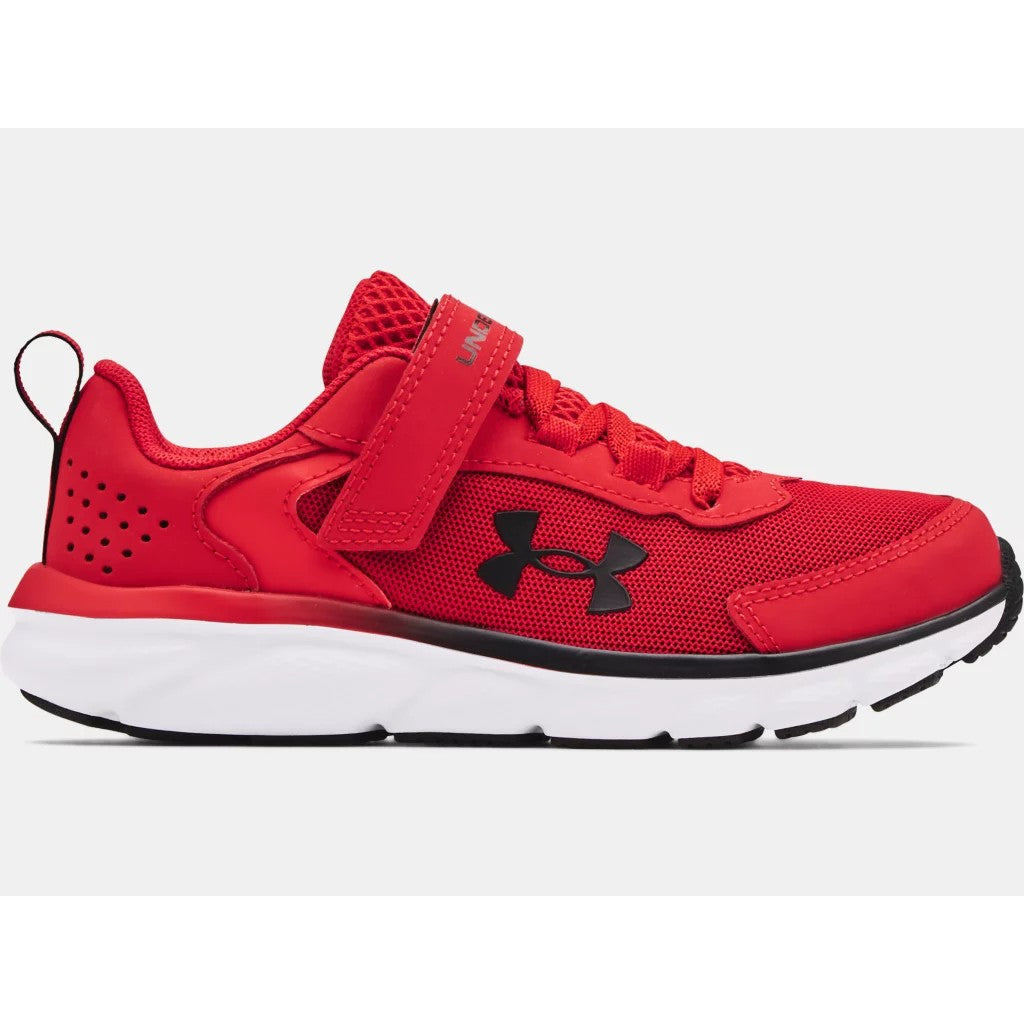 Under Armour kids sneaker, red/white/black, size 9, easy strap closure.