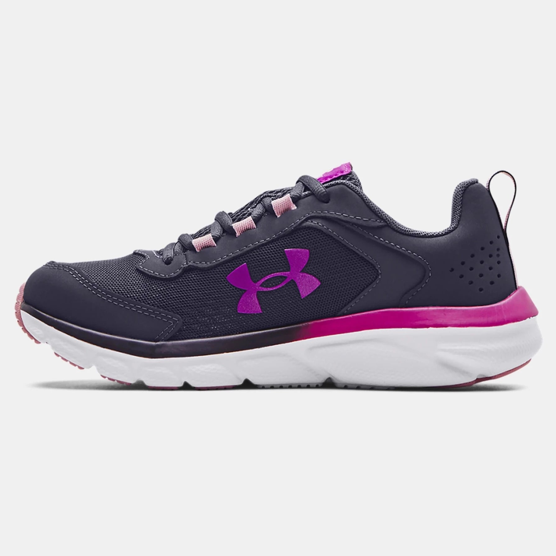 Under Armour kids sneakers, Tempered Steel/Pink Fog/Strobe Assert 9, in-stock and available for purchase now.