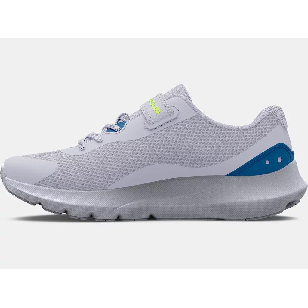 Under Armour Rogue 3 A/C Children’s Sneaker in Mod Grey/Cruise Blue/High Vis Yellow.